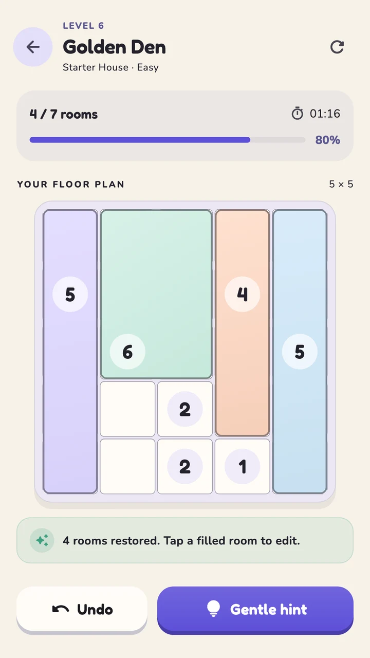 A partly solved rectangle puzzle with colorful placed rooms