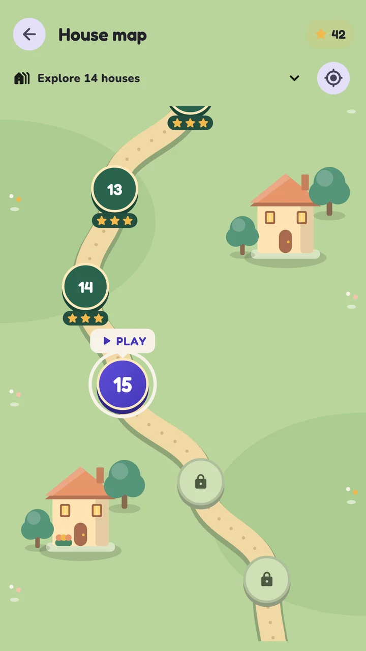 The themed house map with a winding garden path and level markers