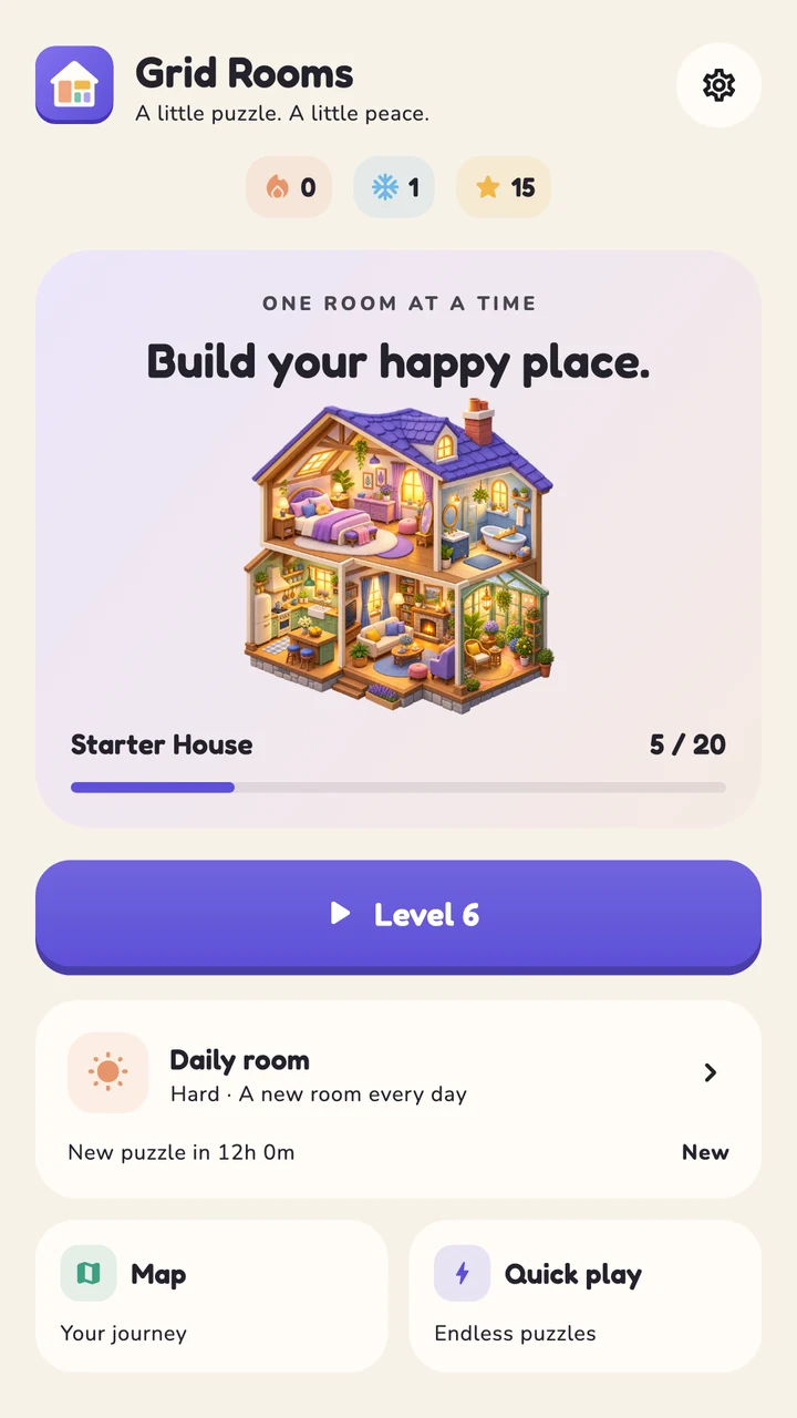 Grid Rooms home screen with the dollhouse and daily challenge