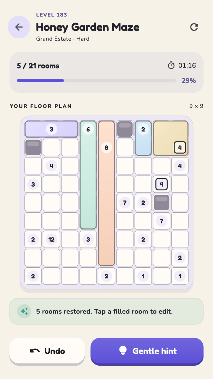 An advanced puzzle with square rooms, hidden clues, and pillars